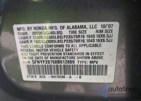 2008 Honda Pilot Ex-L from USA, damaged, VIN 5FNYF28768B012889